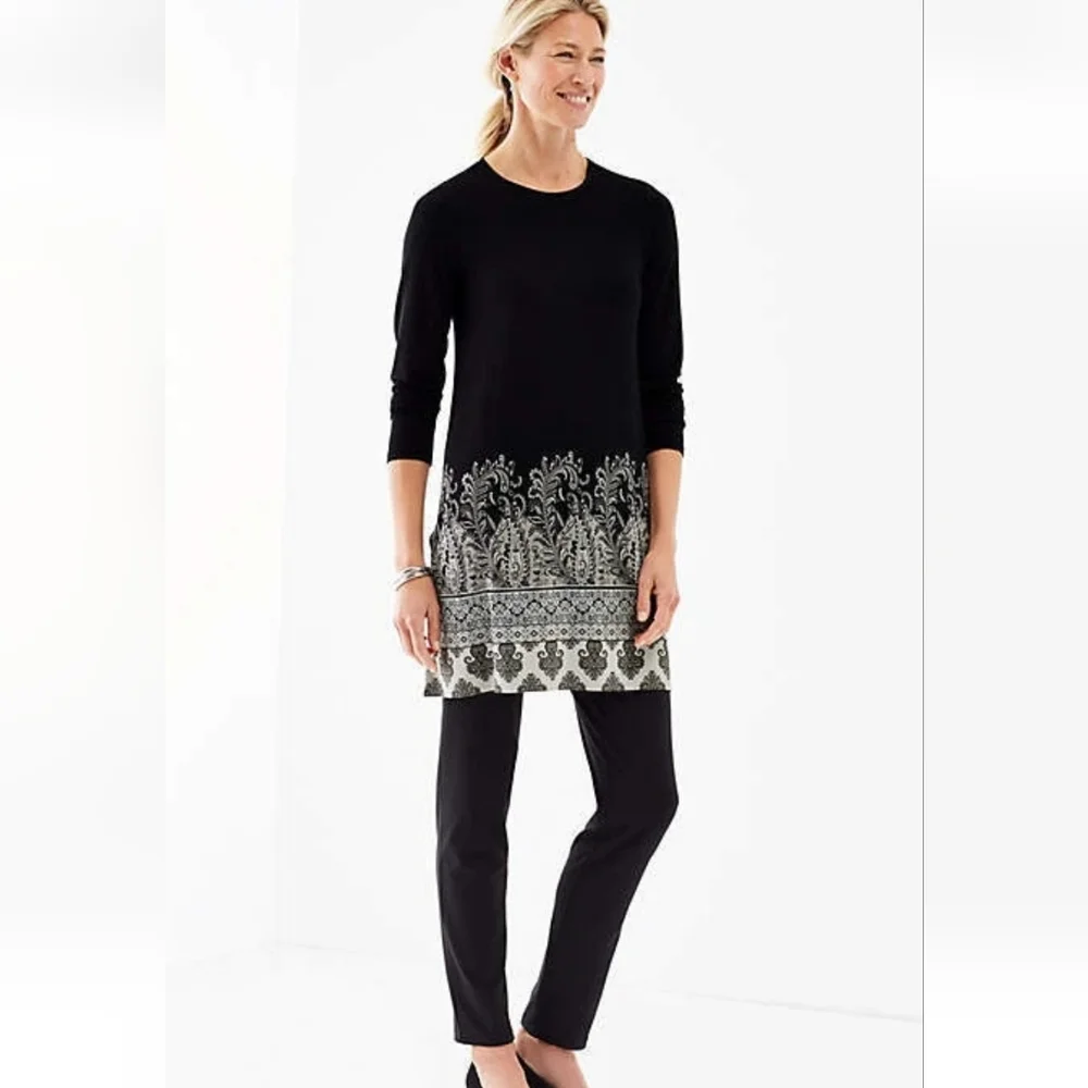 J. Jill Wearever Medallion Border Print Tunic Top Black White Medium